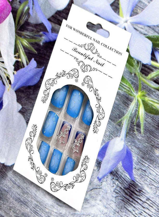 CJDLTS 3D Press On Nails - Short Square Metal Stars Chain Design False Nails - Full Cover Blue Smudge Artificial Acrylic Coffin Nails - Reusable Glue On DIY Stick On Nails for Women - 24 Pcs - Image 5